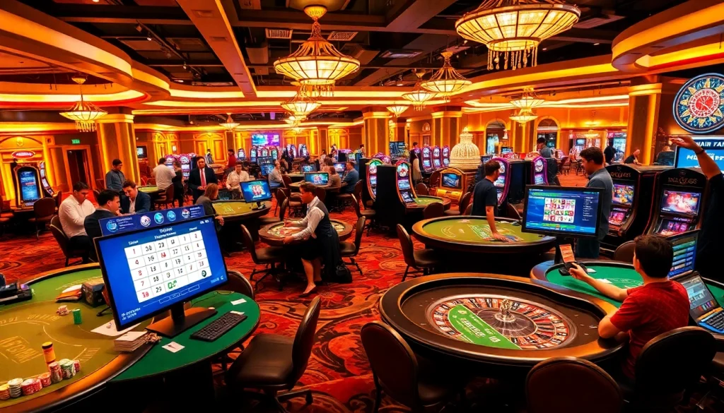 Players enjoying high-stakes games at ok8386a.com casino with vibrant tables and chips.